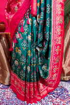 Dark Green Art Silk Patola Saree with Contrast Border and Pallu