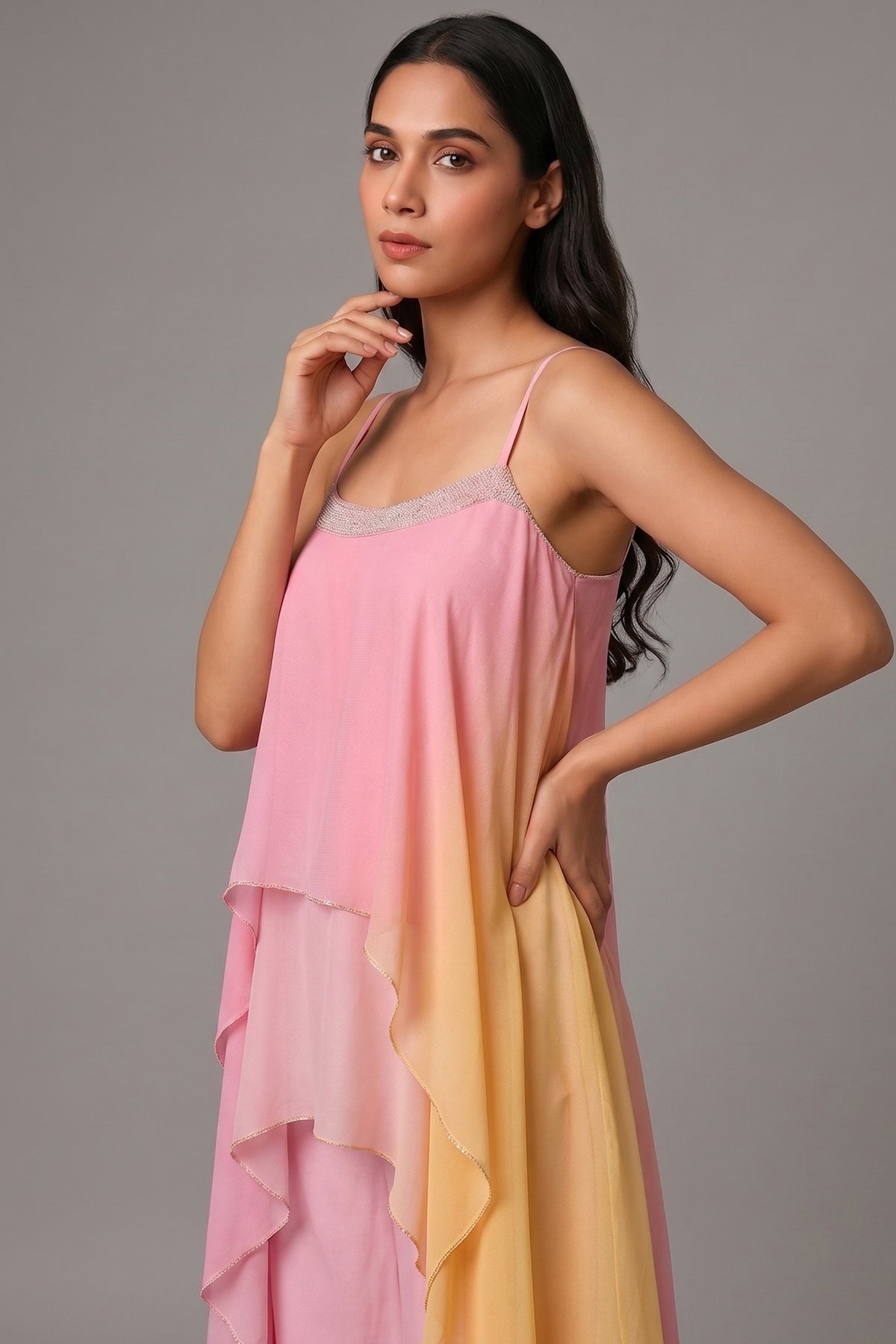 Pink Georgette Square Neck High and Low Layered Asymmetric Hem Detail Co-Ord Set - red georgette saree
