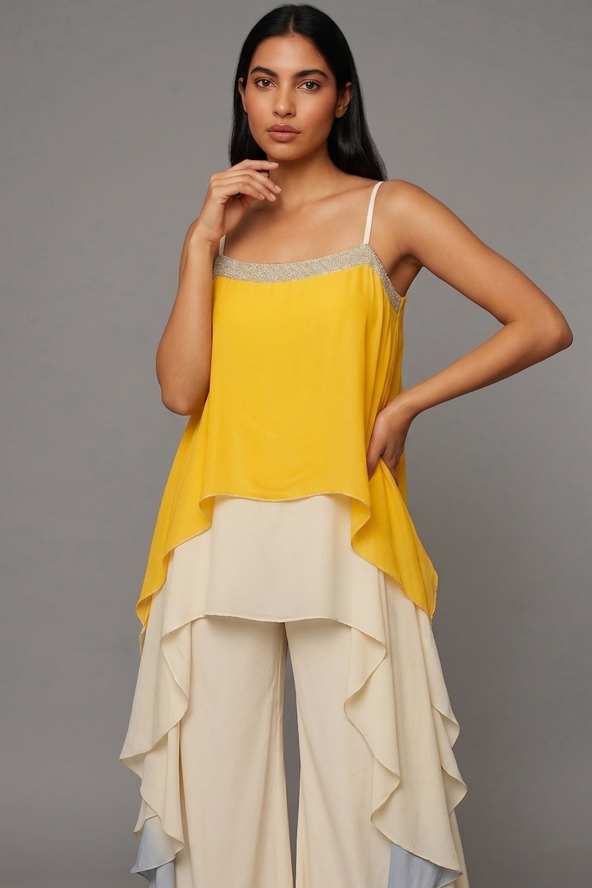 Yellow Georgette Square Neck High and Low Layered Asymmetric Hem Detail Co-Ord Set - red georgette saree
