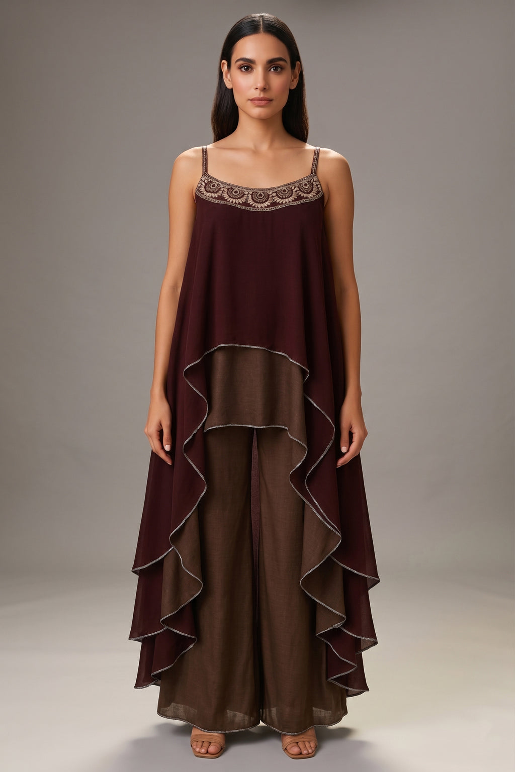 Maroon and Taupe Georgette Square Neck High and Low Layered Asymmetric Hem Detail Co-Ord Set - red georgette saree