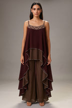 Maroon and Taupe Georgette Square Neck High and Low Layered Asymmetric Hem Detail Co-Ord Set - red georgette saree