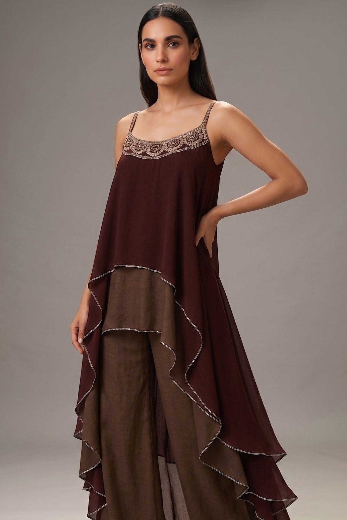 Maroon and Taupe Georgette Square Neck High and Low Layered Asymmetric Hem Detail Co-Ord Set - red georgette saree