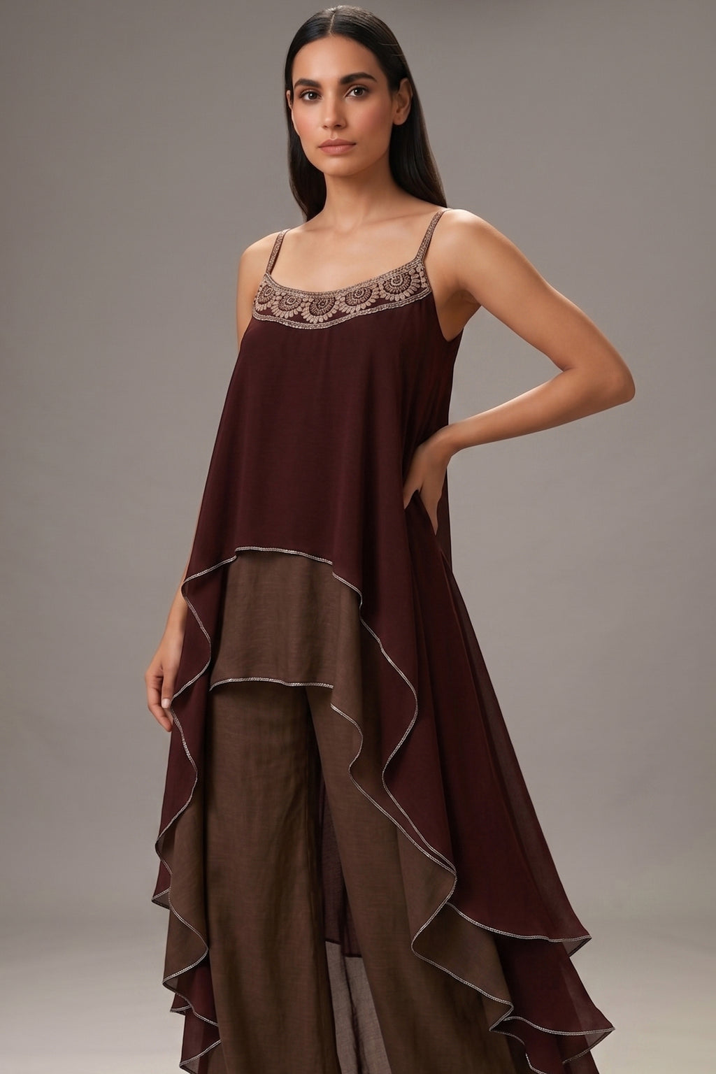 Maroon and Taupe Georgette Square Neck High and Low Layered Asymmetric Hem Detail Co-Ord Set - red georgette saree