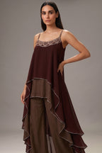 Maroon and Taupe Georgette Square Neck High and Low Layered Asymmetric Hem Detail Co-Ord Set - red georgette saree
