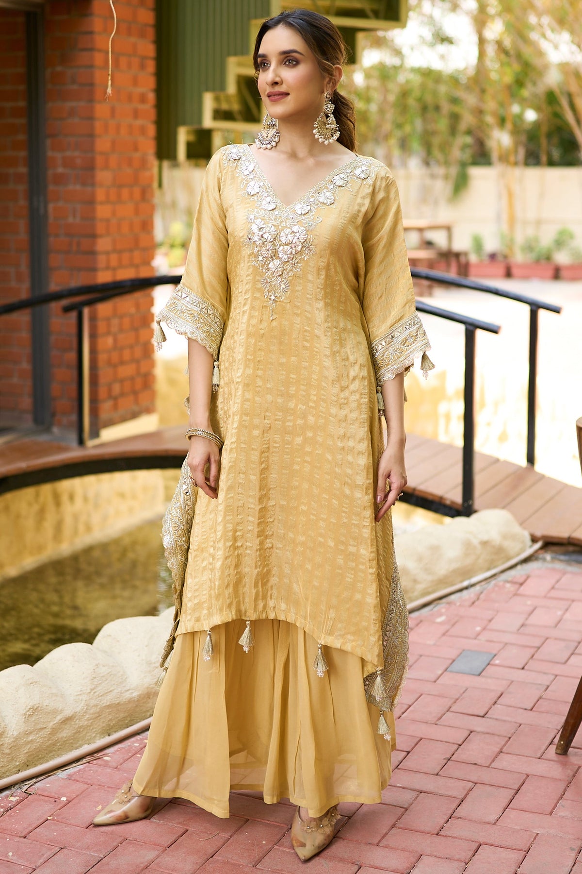 Honey Yellow Tissue Silk Gotta Work Kaftan Set