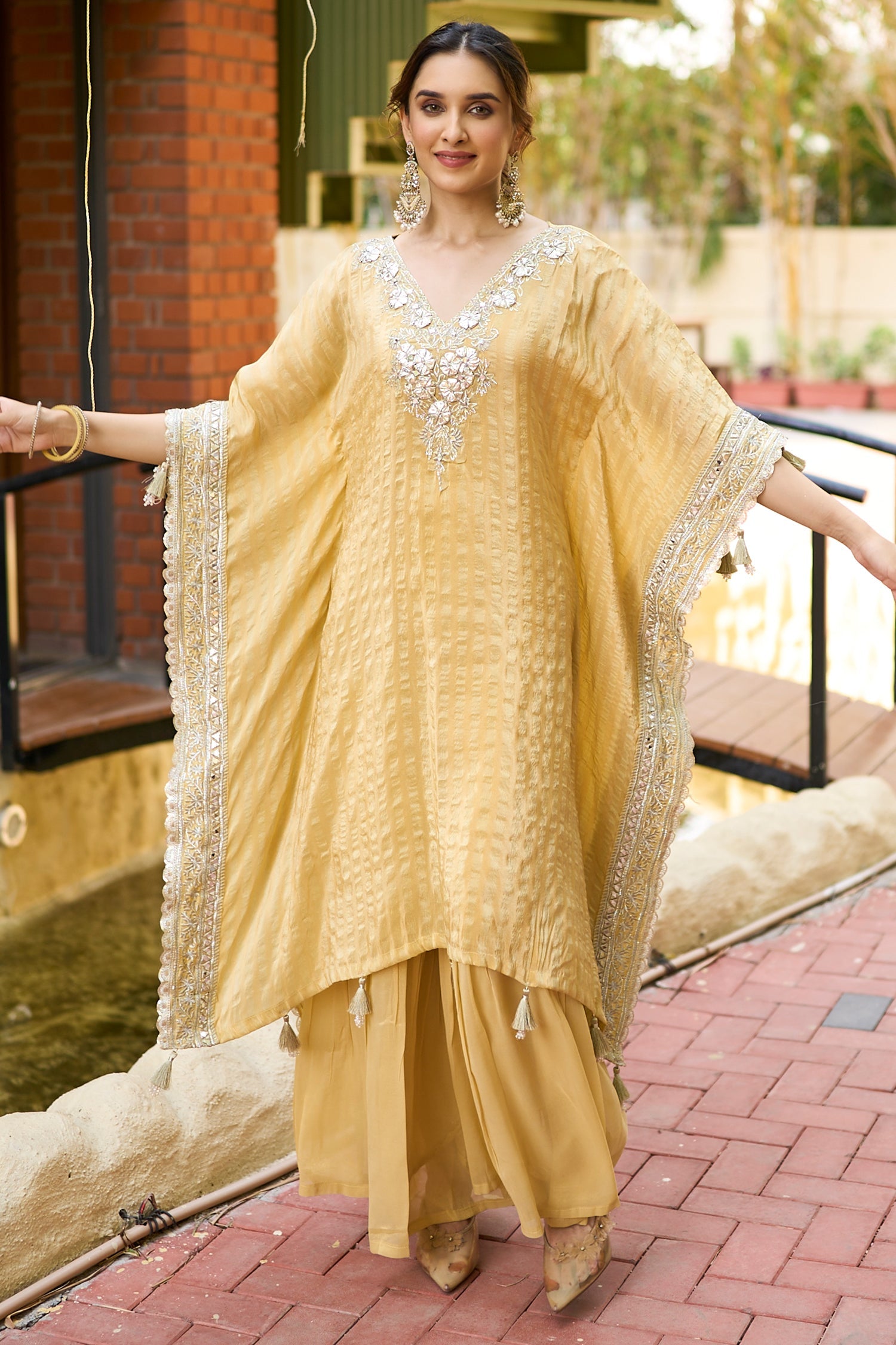Honey Yellow Tissue Silk Gotta Work Kaftan Set