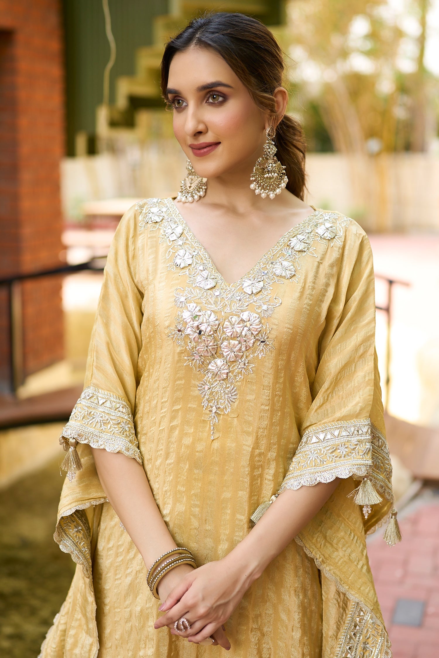 Honey Yellow Tissue Silk Gotta Work Kaftan Set