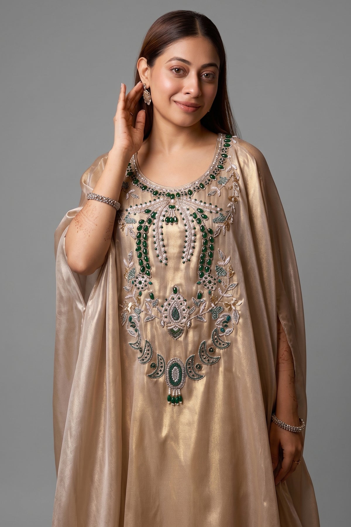 Light Beige Pearl Worked Tissue Cape Style Palazzo Set - beige saree