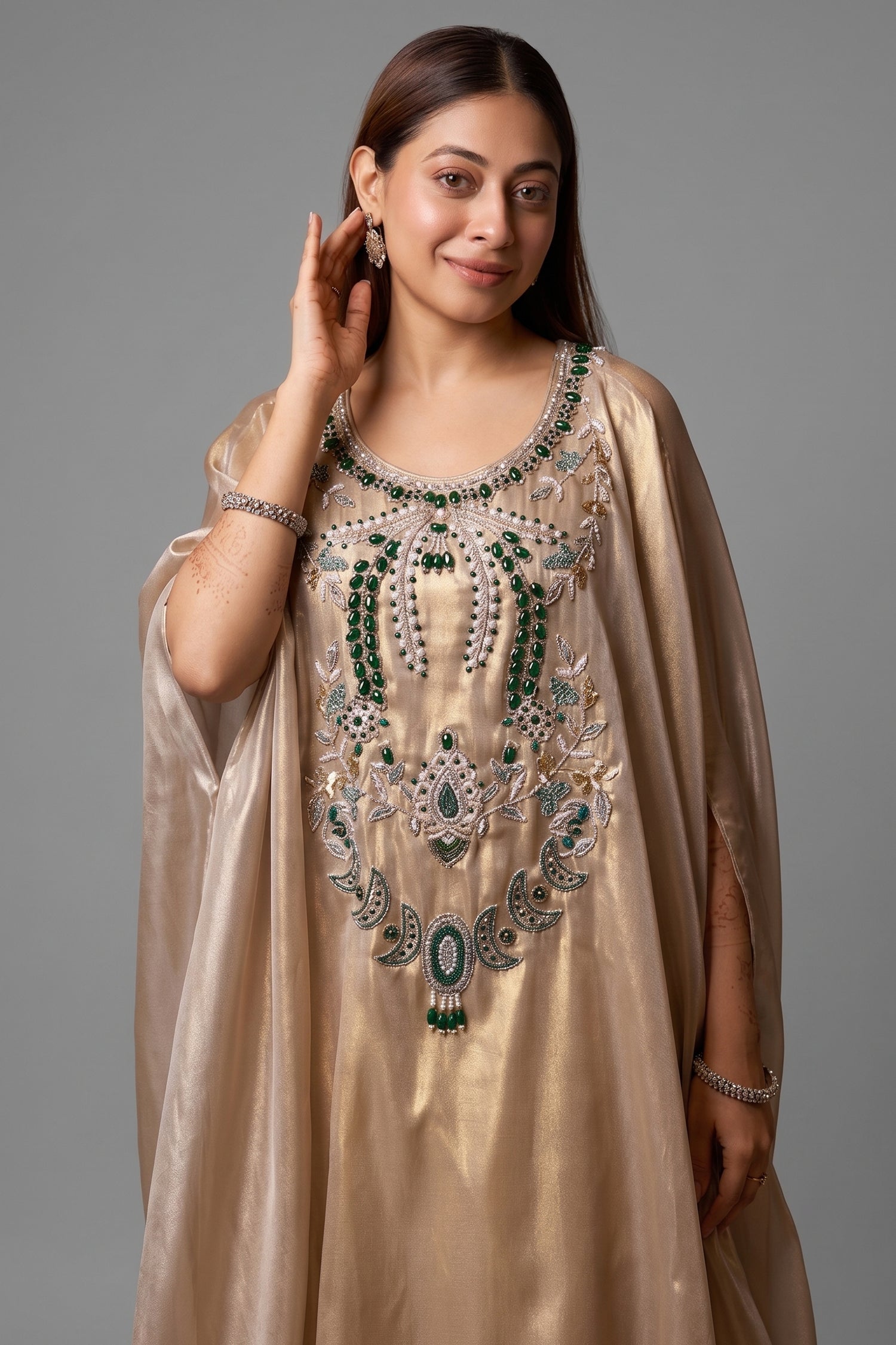 Light Beige Pearl Worked Tissue Cape Style Palazzo Set - beige saree