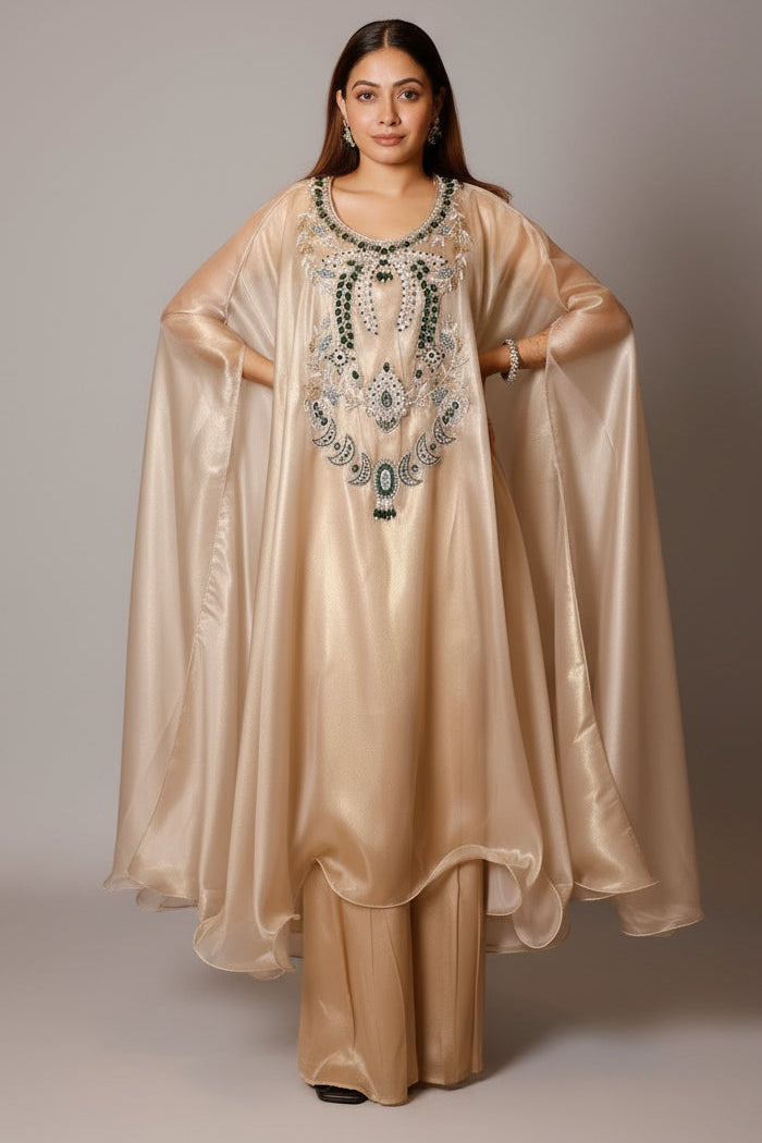 Light Beige Pearl Worked Tissue Cape Style Palazzo Set - beige saree