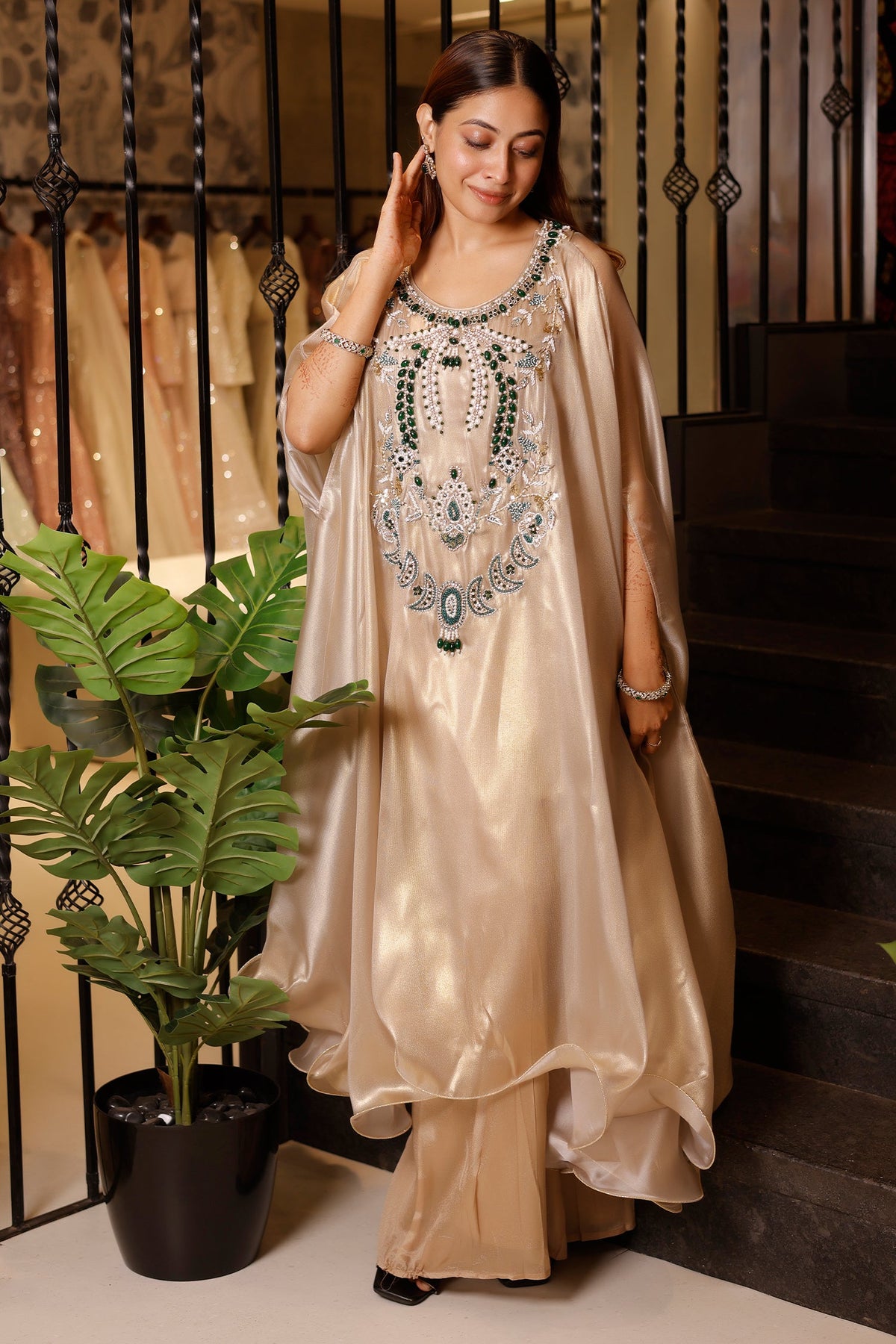 Light Beige Pearl Worked Tissue Cape Style Palazzo Set - beige saree