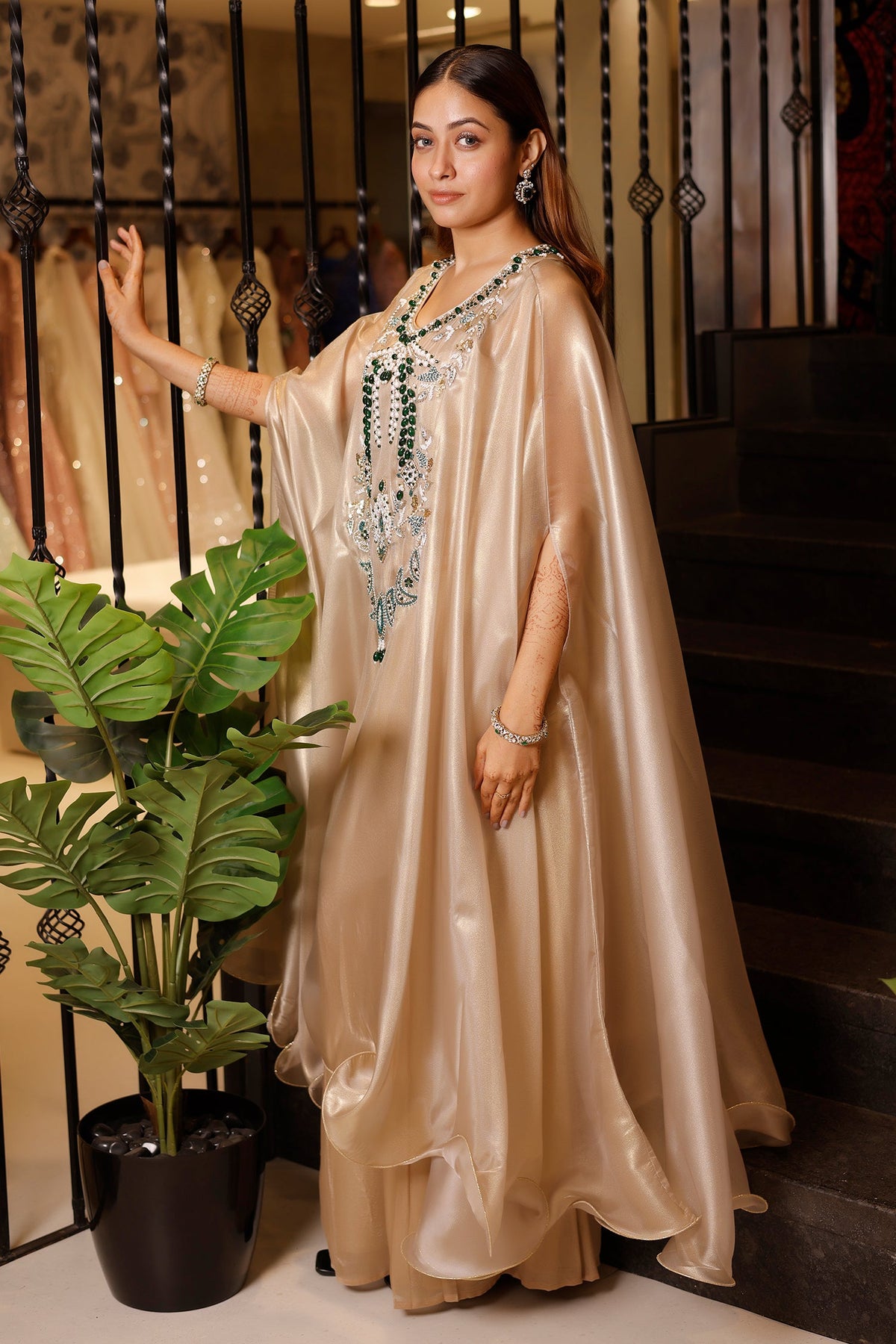 Light Beige Pearl Worked Tissue Cape Style Palazzo Set - beige saree