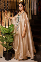 Light Beige Pearl Worked Tissue Cape Style Palazzo Set - beige saree