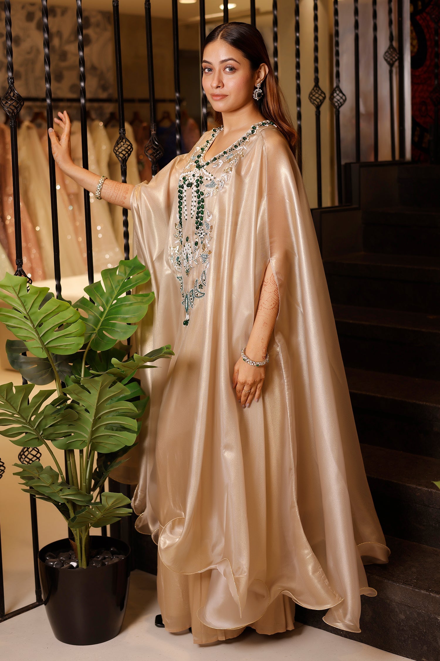 Light Beige Pearl Worked Tissue Cape Style Palazzo Set - beige saree