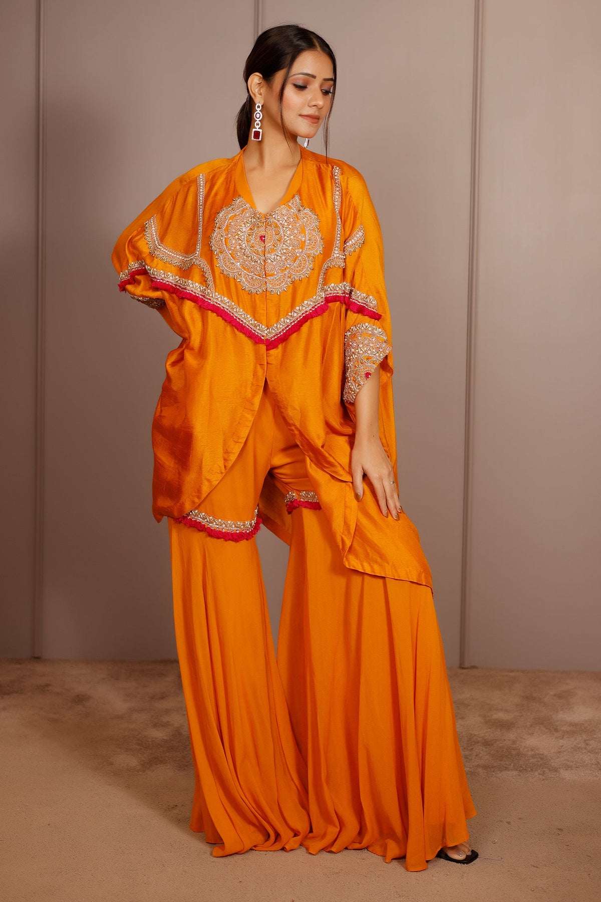 Orange Raw Silk Dori Embroidered Sharara Set - red silk saree embroidered