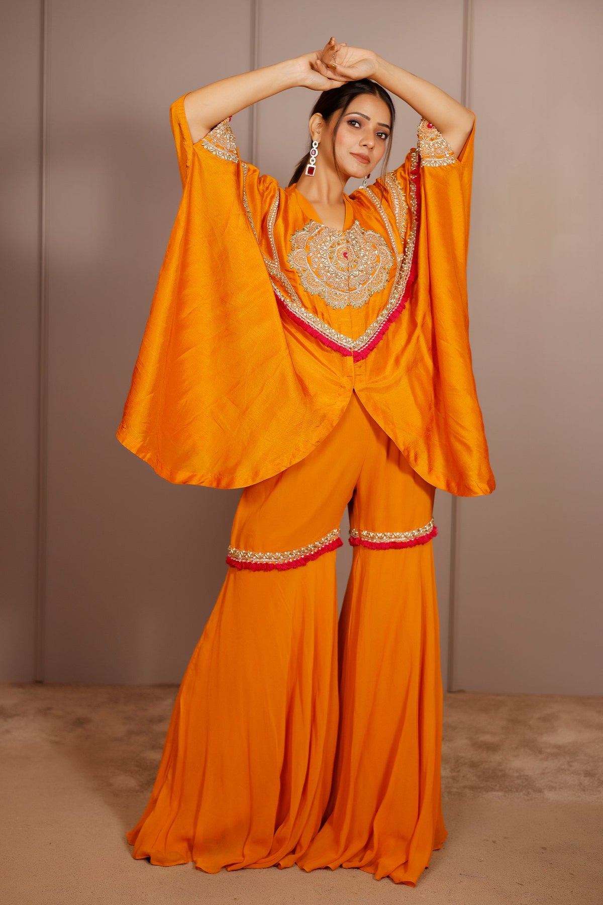 Orange Raw Silk Dori Embroidered Sharara Set - red silk saree embroidered