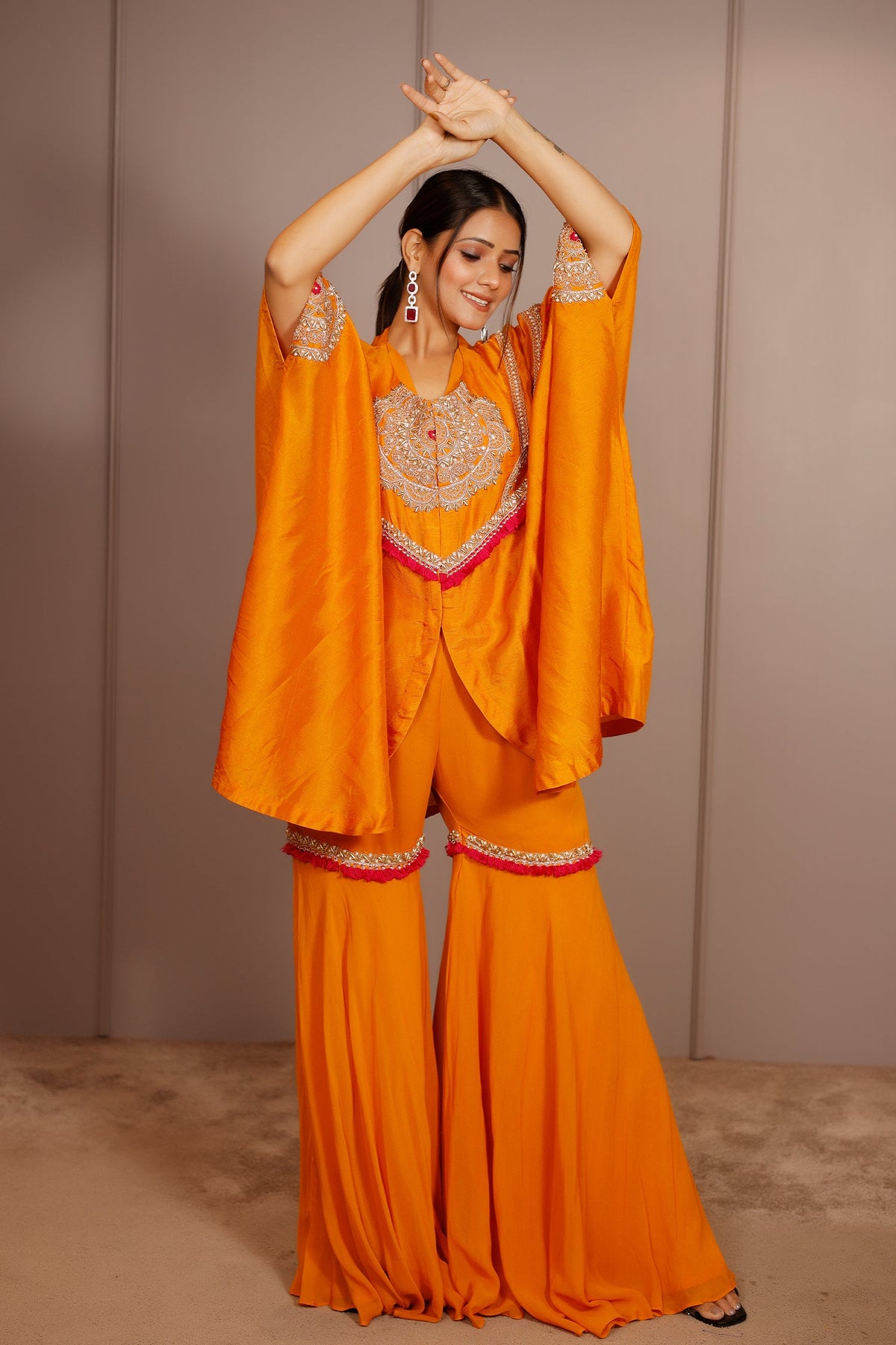 Orange Raw Silk Dori Embroidered Sharara Set - red silk saree embroidered