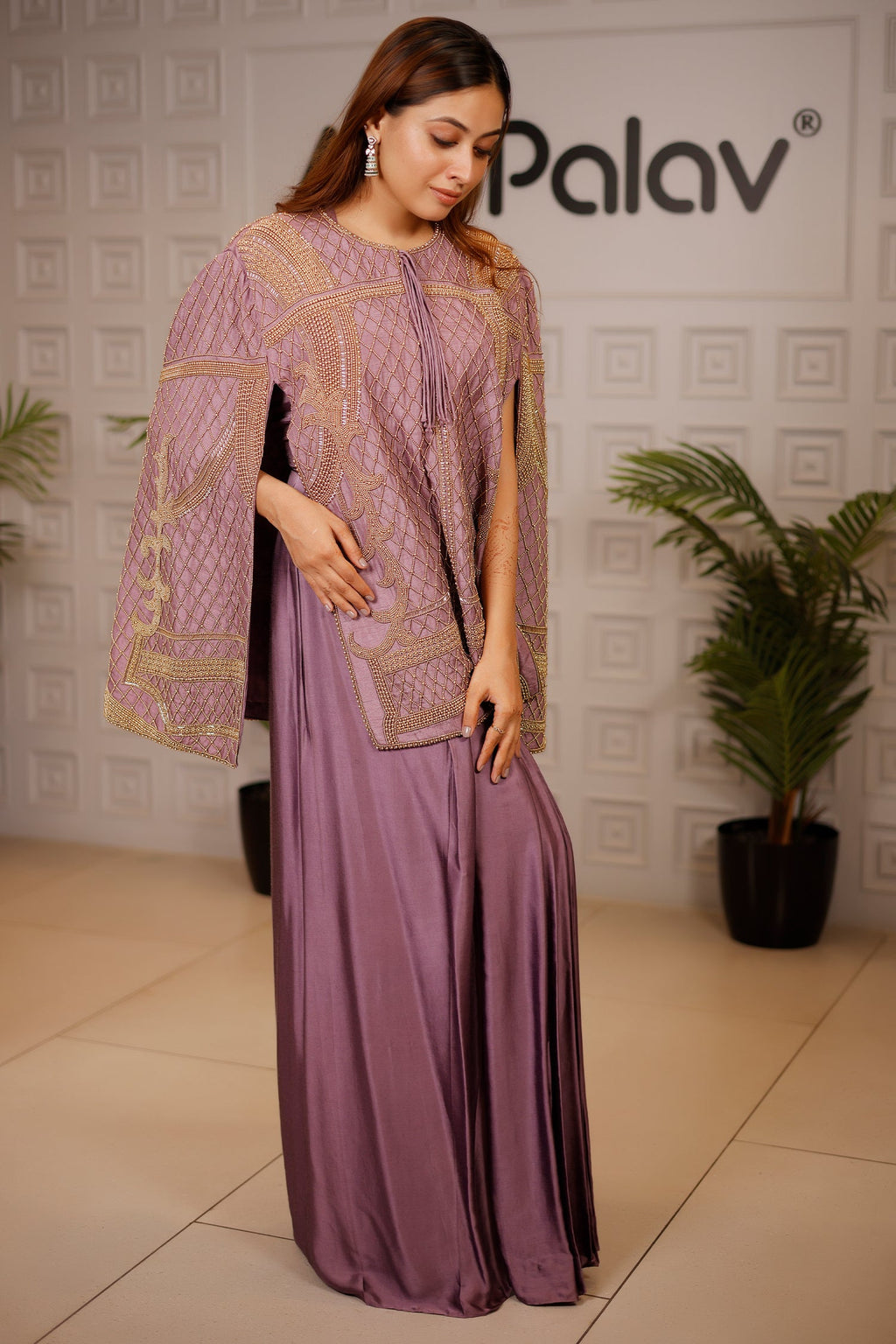 Mauve Raw Silk Beaded Contemporary Indo-Western Co-ord Set - silk saree