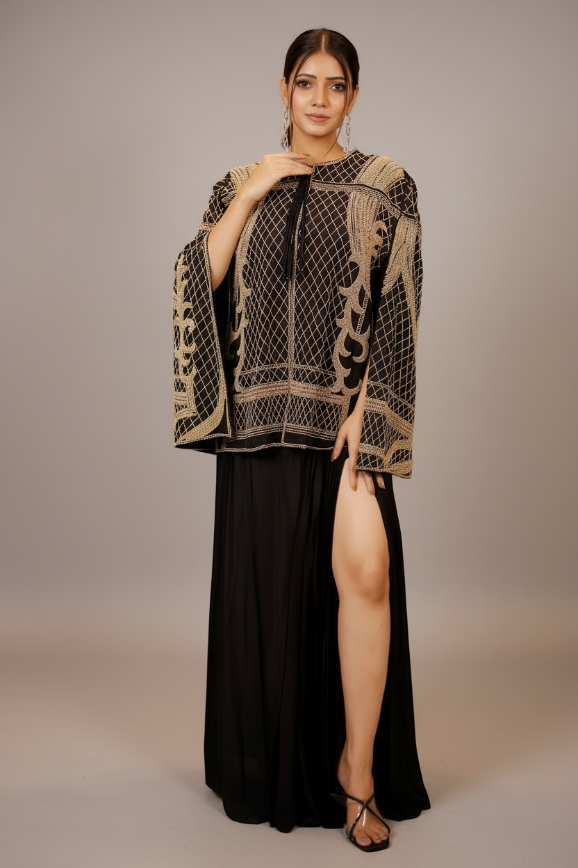 Black Raw Silk Beaded Contemporary Indo-Western Co-ord Set - black silk saree