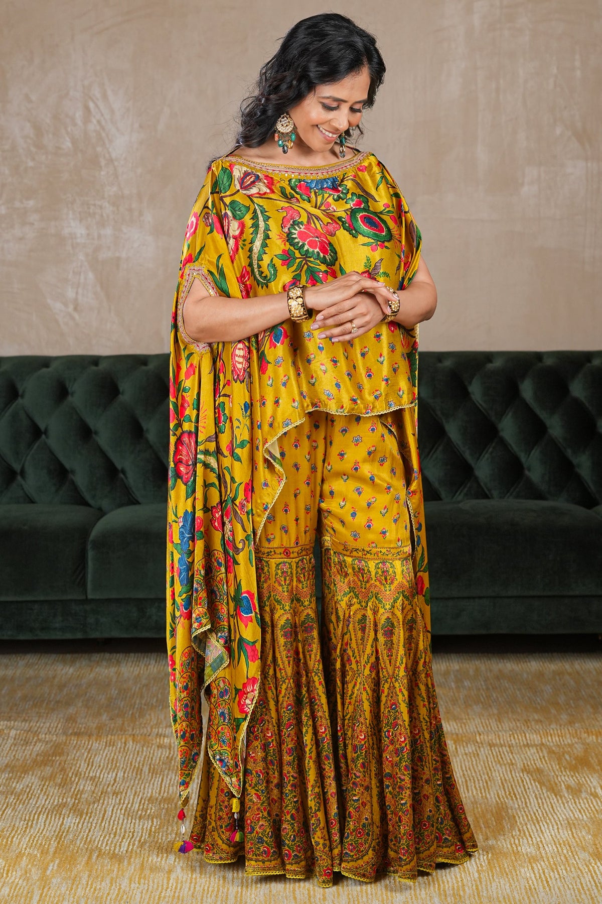 Mustard Yellow Gaji Silk Printed Sharara Set - yellow silk saree