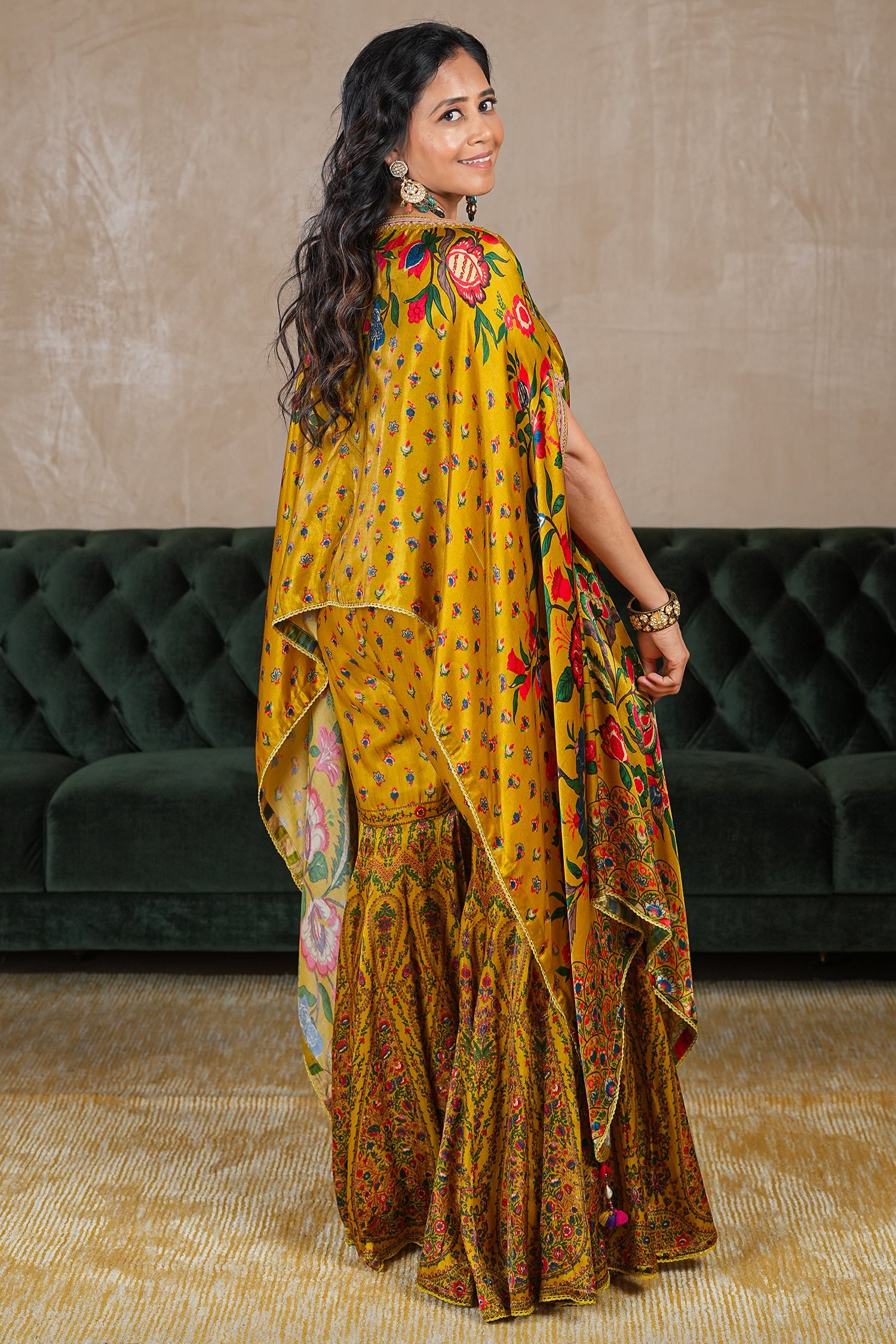 Mustard Yellow Gaji Silk Printed Sharara Set
