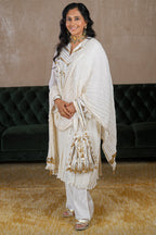 Pearl White Cotton Silk Lace Worked Suit - white silk saree