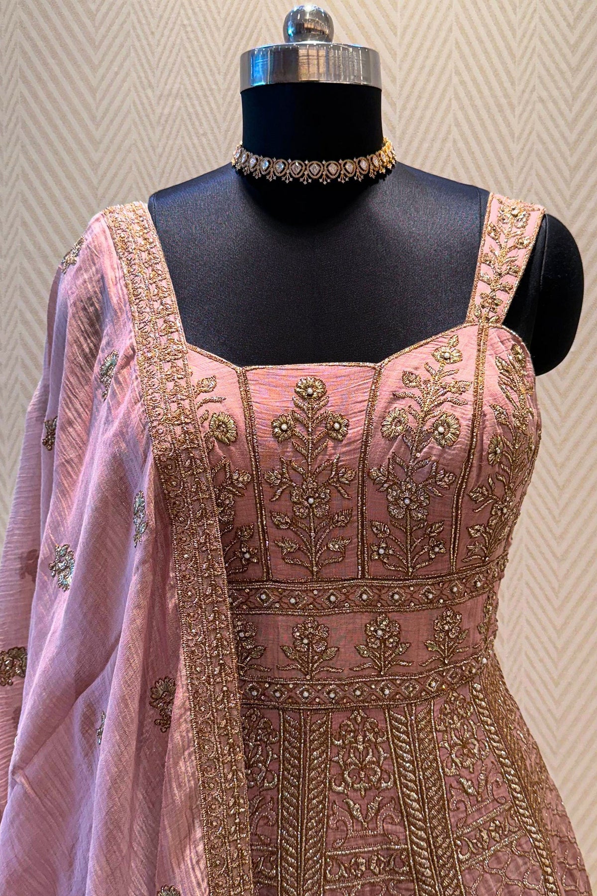 Onion Pink Embroidered Anarakli Suit with Dupatta in Mul Chanderi - red chanderi saree embroidered