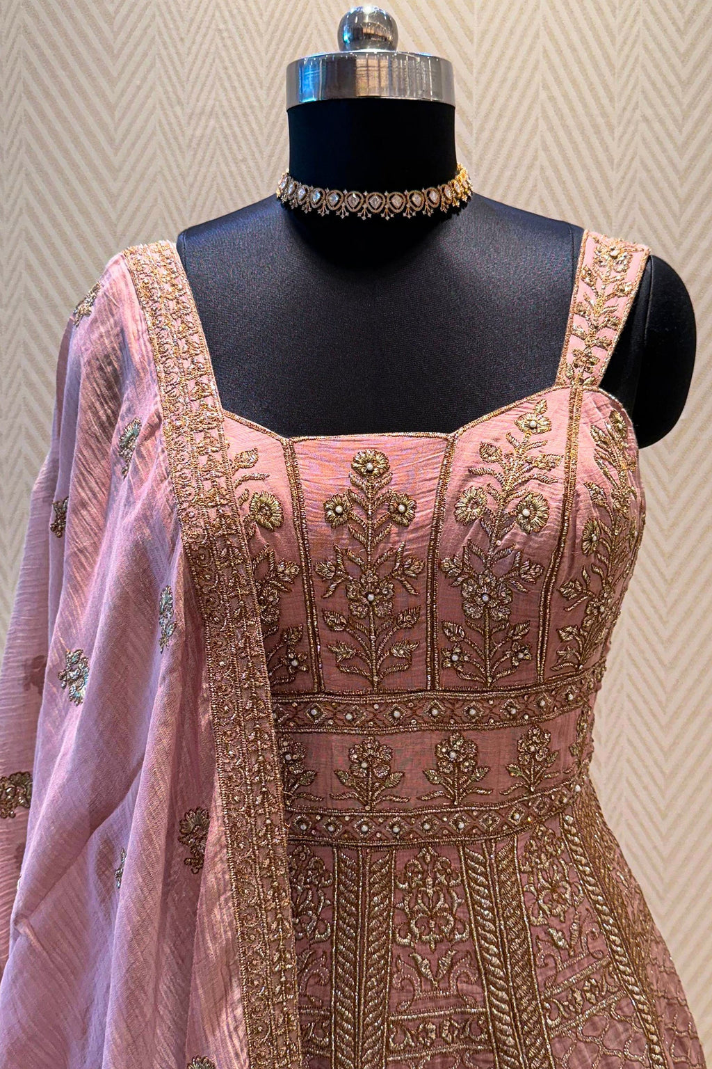 Onion Pink Embroidered Anarakli Suit with Dupatta in Mul Chanderi - red chanderi saree embroidered