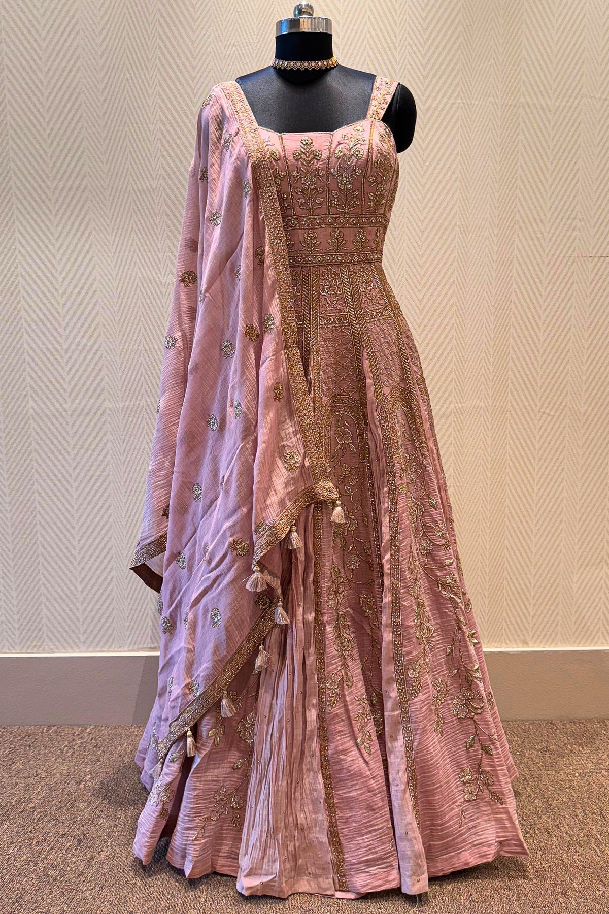 Onion Pink Embroidered Anarakli Suit with Dupatta in Mul Chanderi - red chanderi saree embroidered