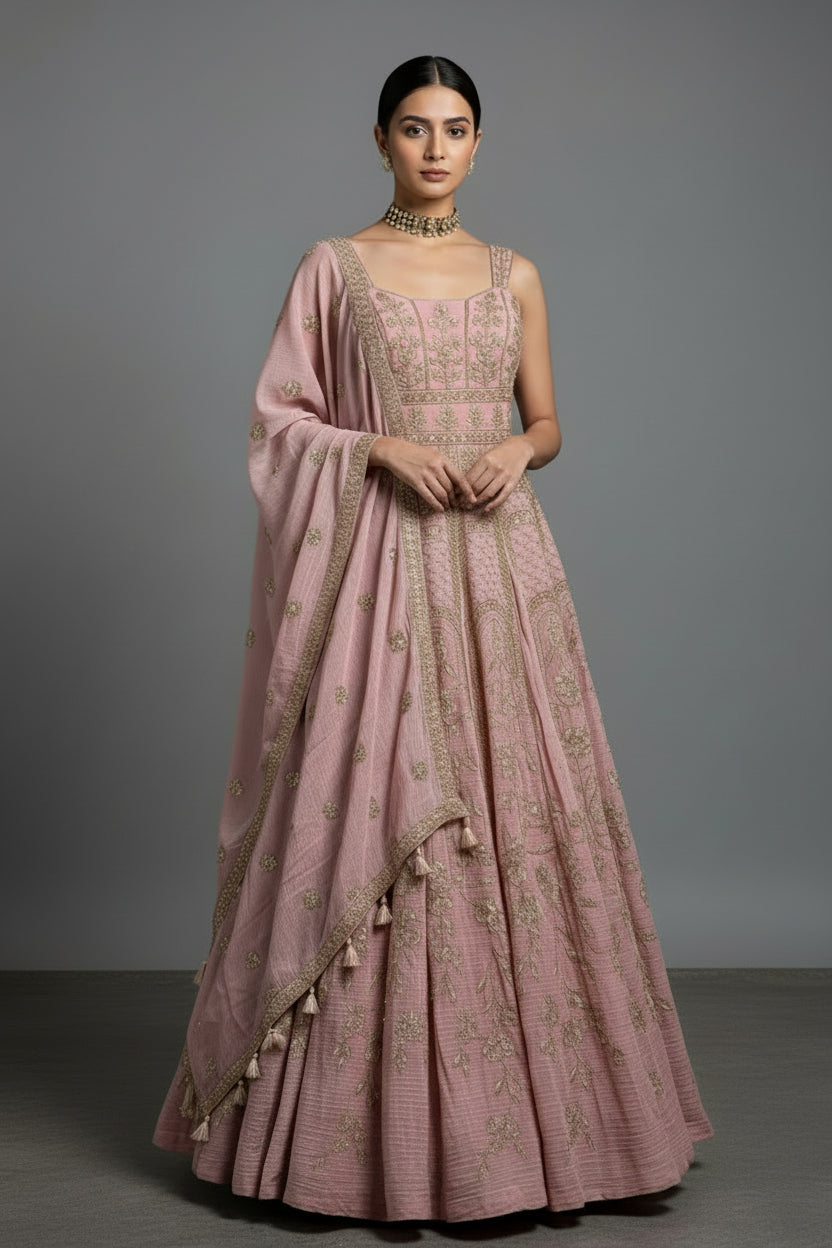 Onion Pink Embroidered Anarakli Suit with Dupatta in Mul Chanderi - red chanderi saree embroidered Main image