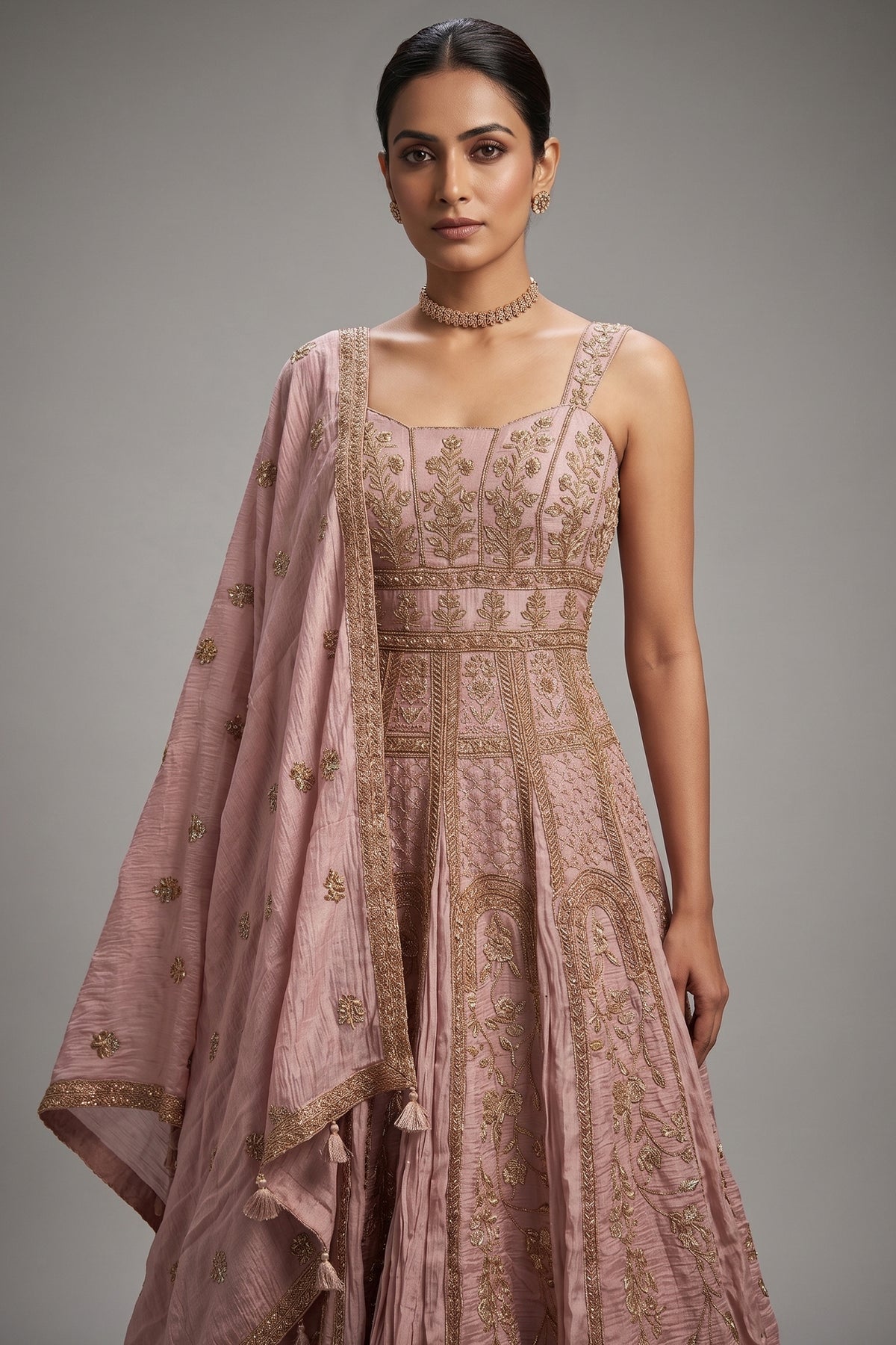 Onion Pink Embroidered Anarakli Suit with Dupatta in Mul Chanderi - red chanderi saree embroidered
