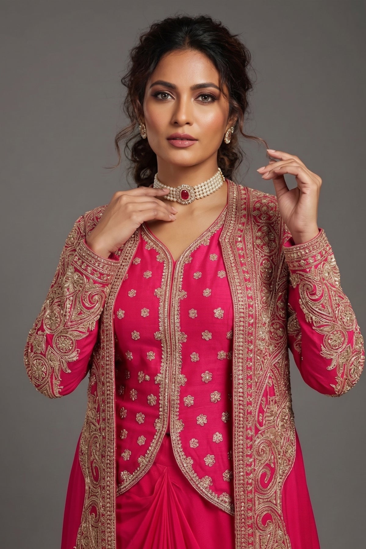 Pink Raw Silk Designer Heavy Worked Crop Top Jacket with Pleated Dhoti Skirt - pink silk saree