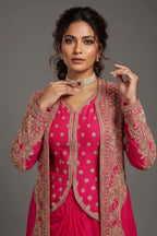 Pink Raw Silk Designer Heavy Worked Crop Top Jacket with Pleated Dhoti Skirt - pink silk saree