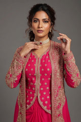 Pink Raw Silk Designer Heavy Worked Crop Top Jacket with Pleated Dhoti Skirt - pink silk saree