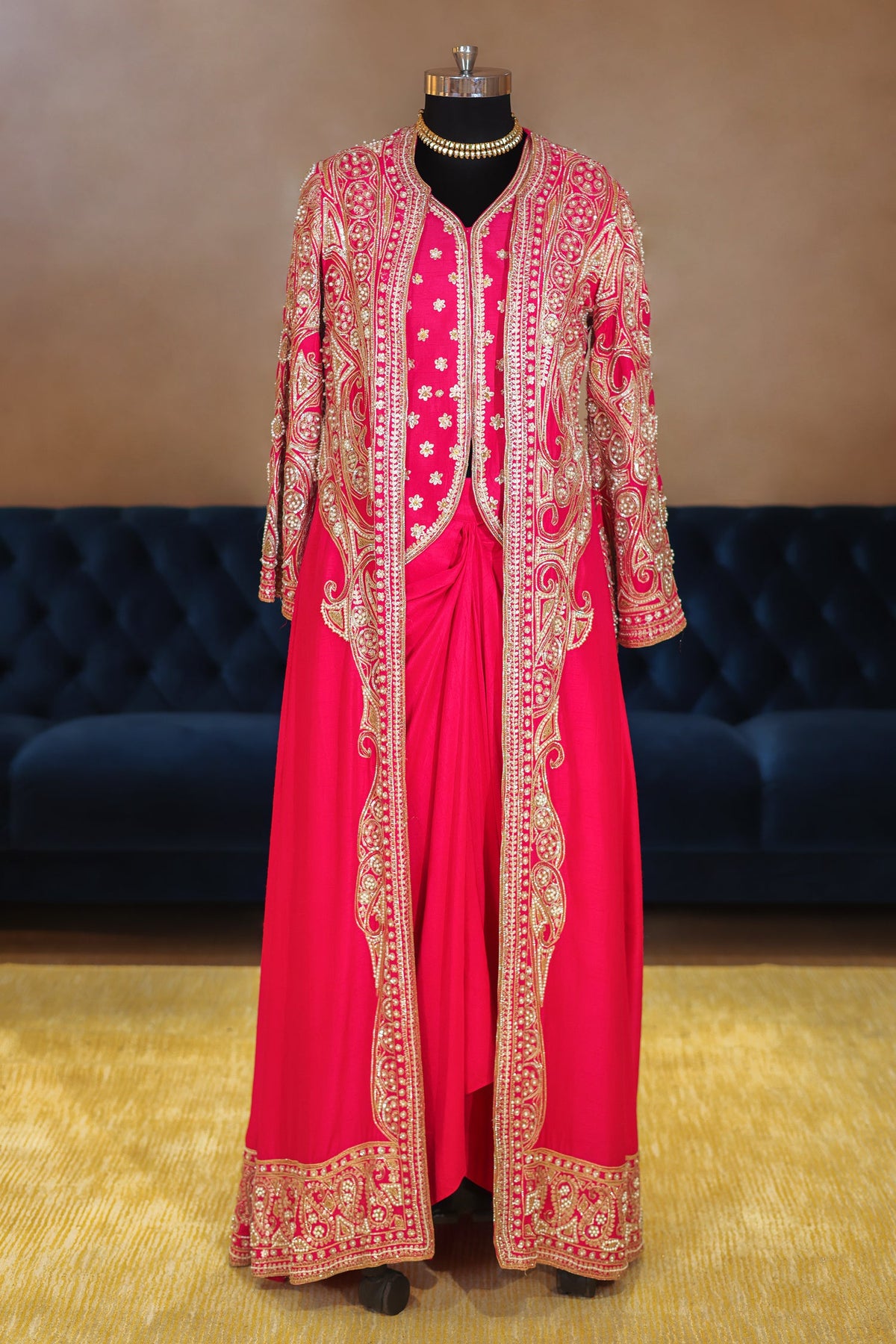 Pink Raw Silk Designer Heavy Worked Crop Top Jacket with Pleated Dhoti Skirt - pink silk saree