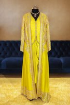Lime Yellow Raw Silk Designer Heavy Worked Crop Top Jacket with Pleated Dhoti Skirt - yellow silk saree