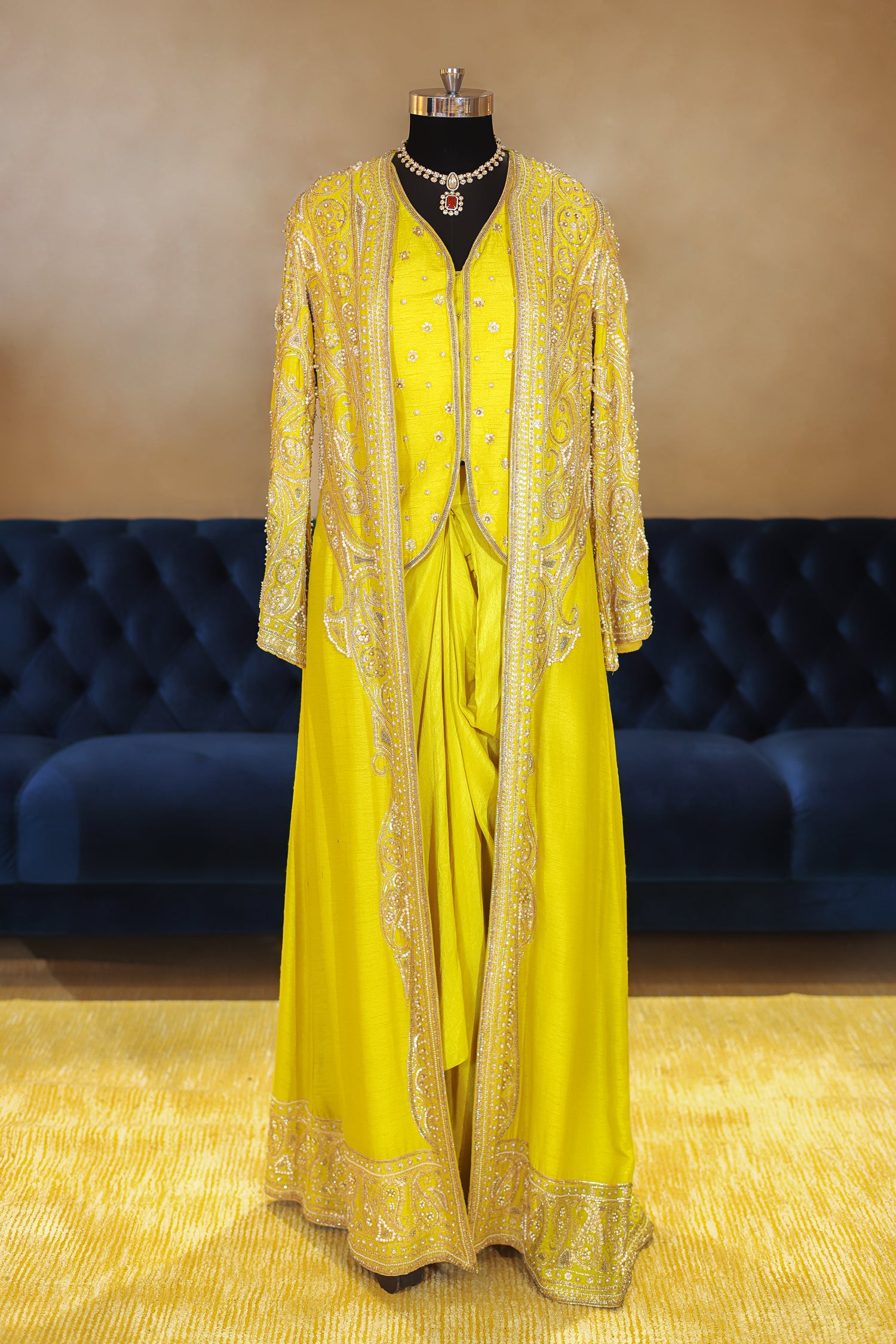Lime Yellow Raw Silk Designer Heavy Worked Crop Top Jacket with Pleated Dhoti Skirt - yellow silk saree