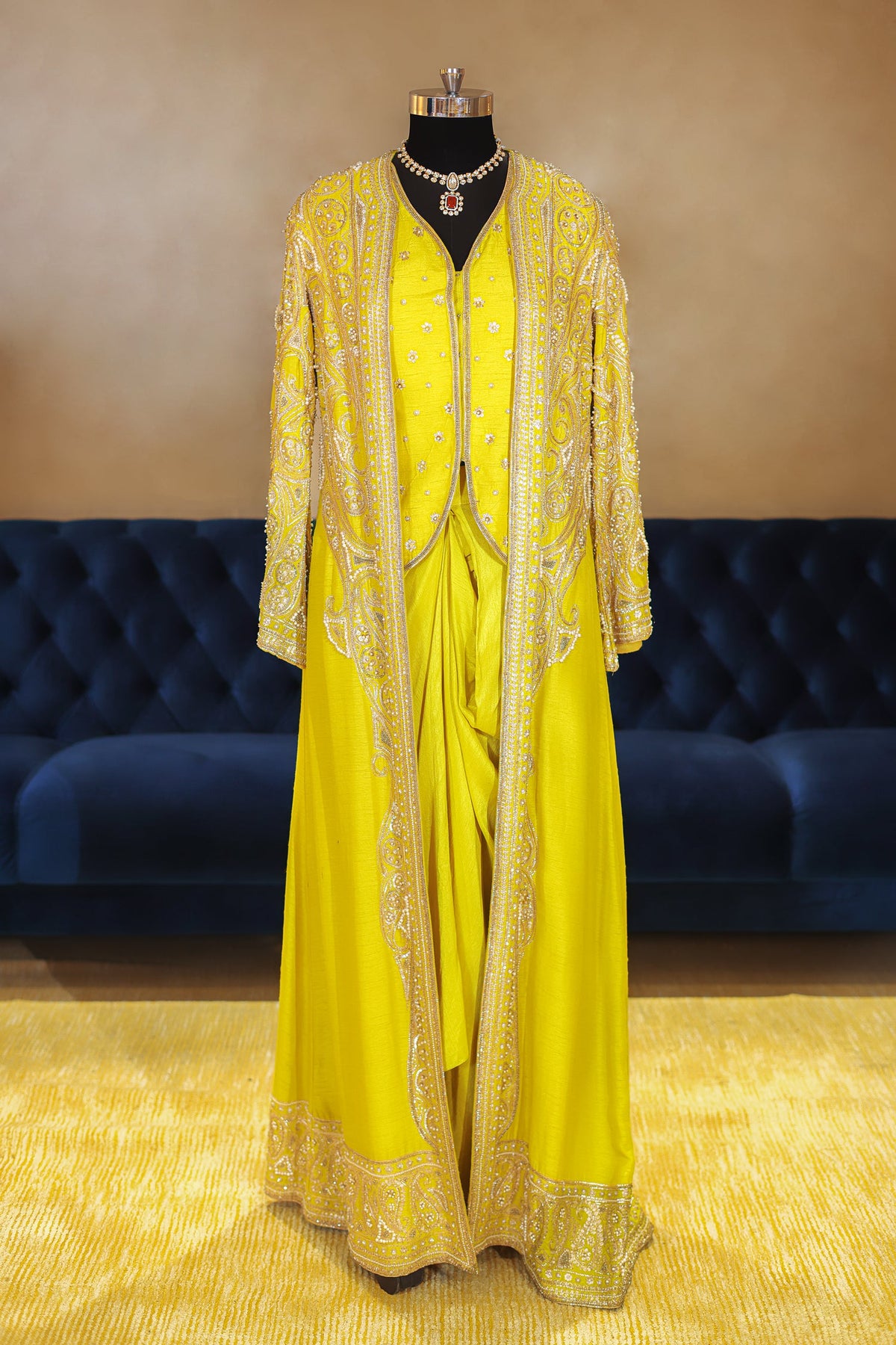 Lime Yellow Raw Silk Designer Heavy Worked Crop Top Jacket with Pleated Dhoti Skirt