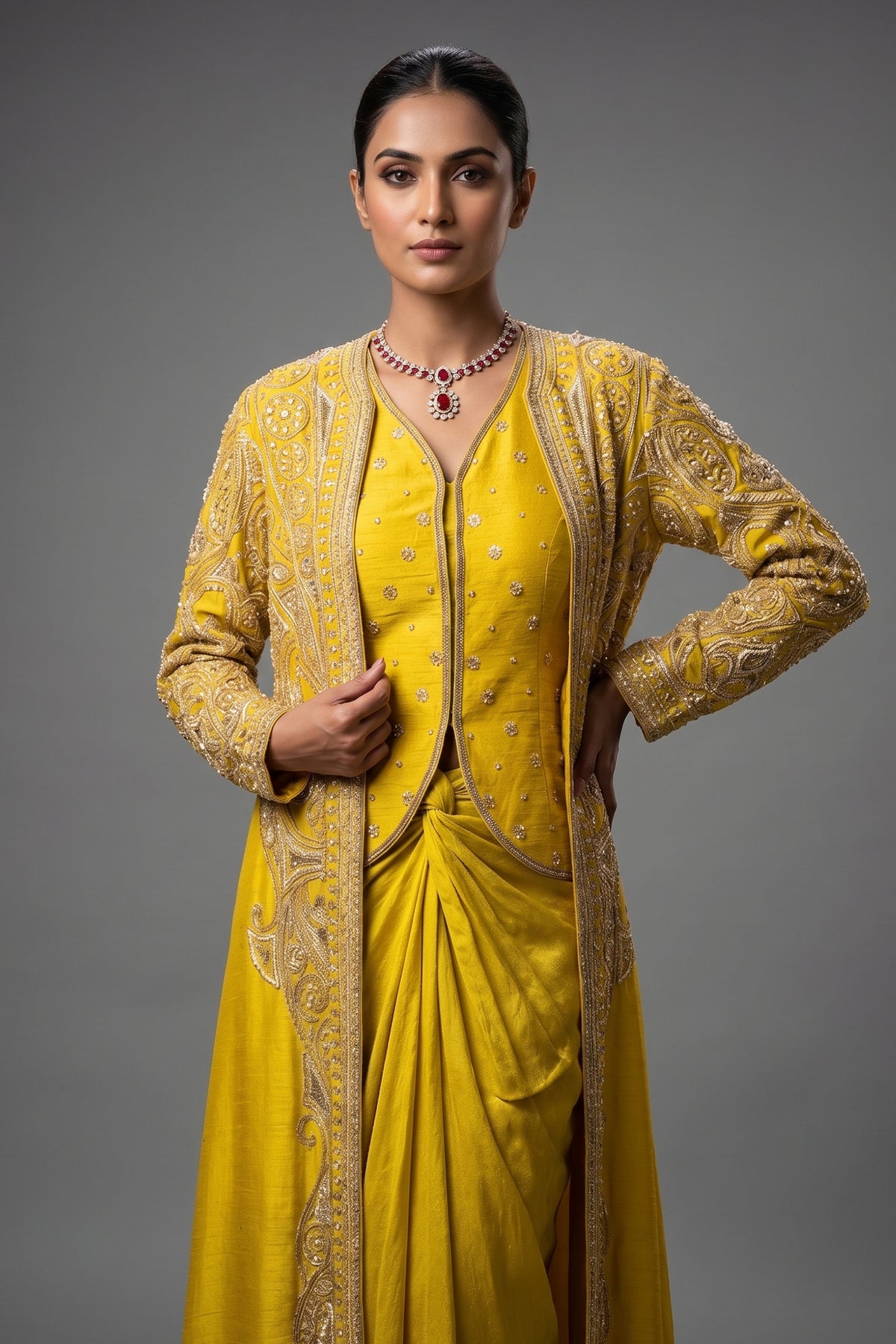 Lime Yellow Raw Silk Designer Heavy Worked Crop Top Jacket with Pleated Dhoti Skirt - yellow silk saree