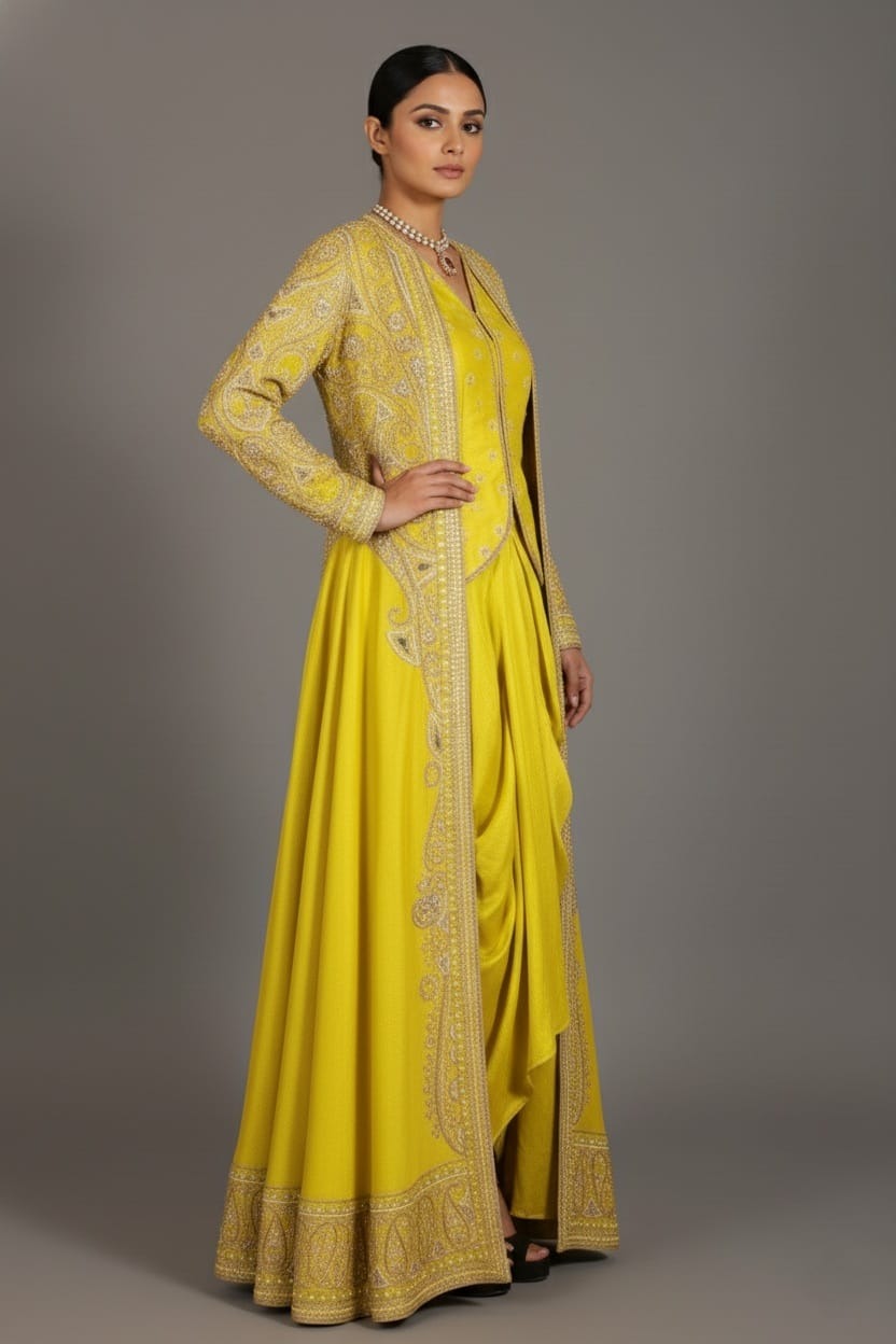 Lime Yellow Raw Silk Designer Heavy Worked Crop Top Jacket with Pleated Dhoti Skirt - yellow silk saree Main image
