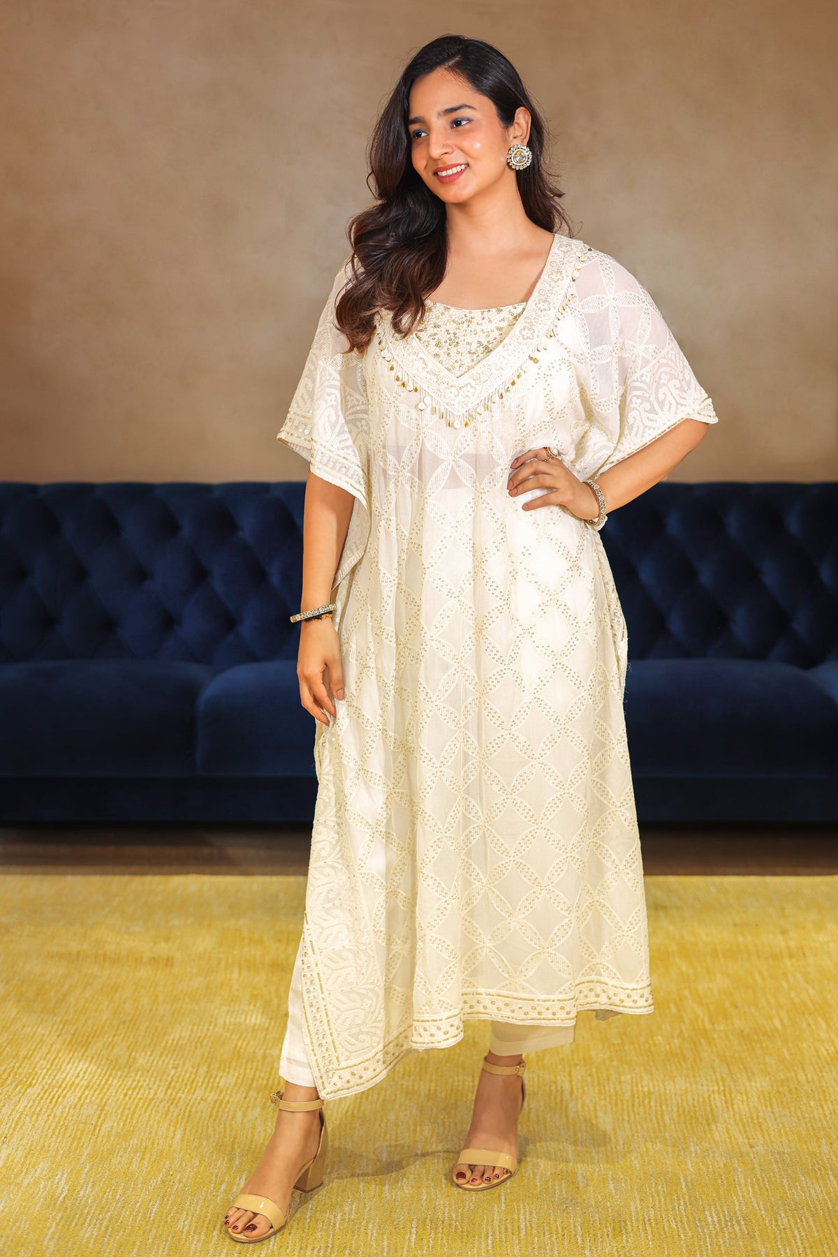 Off White Georgette Lucknowi Sequin Worked Kaftan Set - white georgette saree