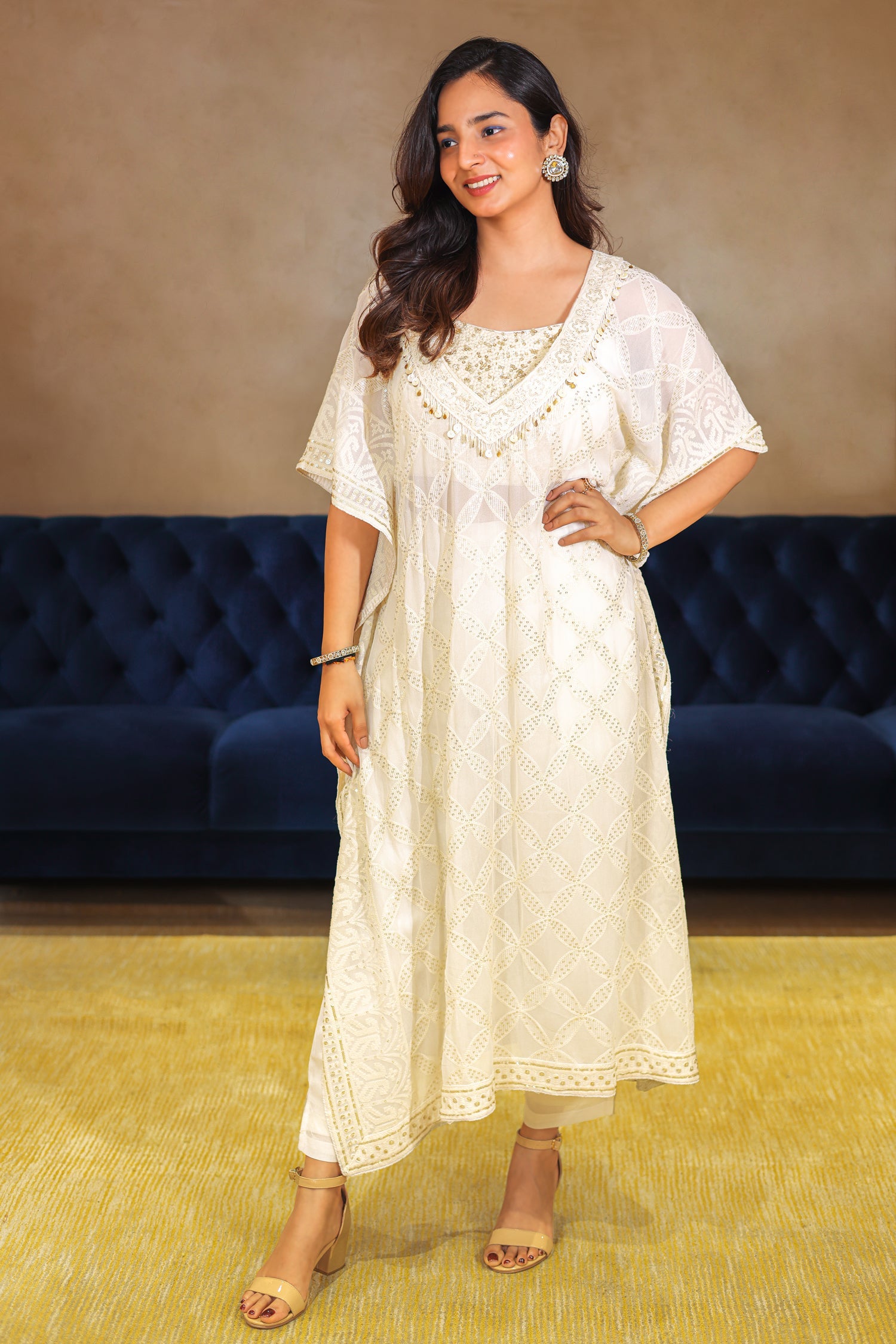 Off White Georgette Lucknowi Sequin Worked Kaftan Set - white georgette saree