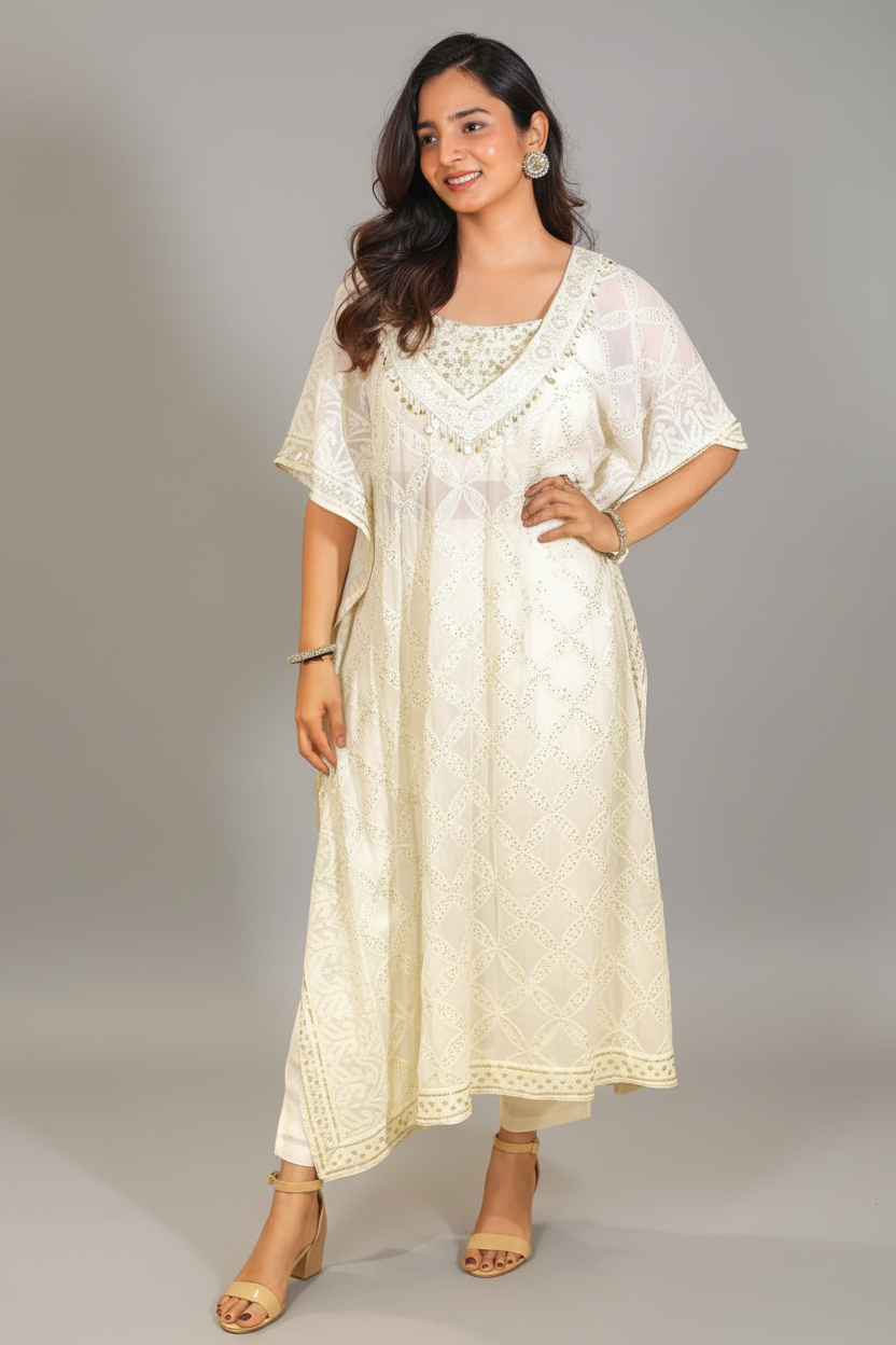 Off White Georgette Lucknowi Sequin Worked Kaftan Set - white georgette saree Main image