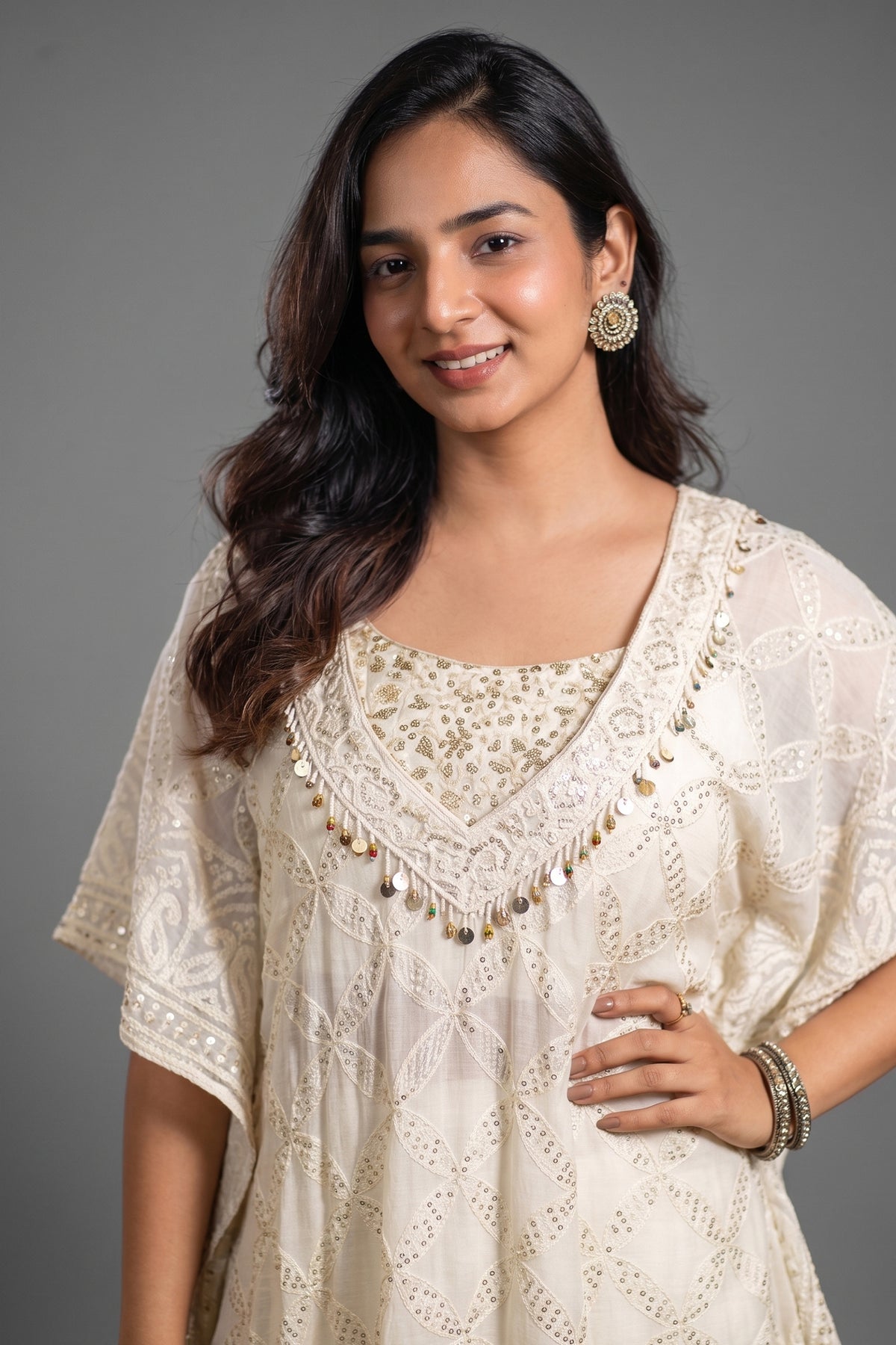Off White Georgette Lucknowi Sequin Worked Kaftan Set - white georgette saree