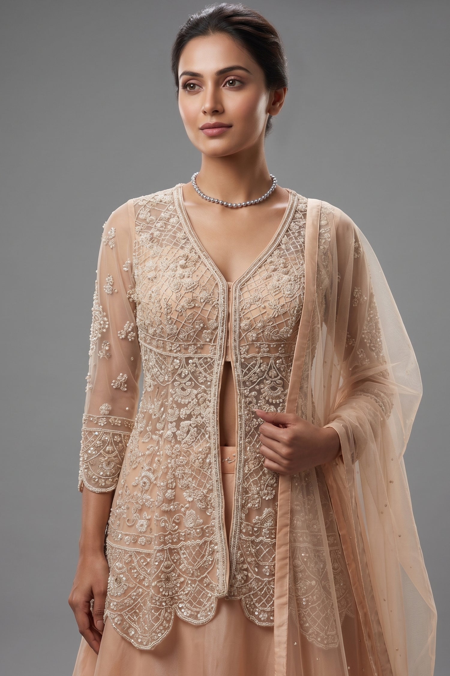 Beige Net Embellished Sequin Cutdana Worked Slit Cut Peplum Top with Lehenga Secondary image
