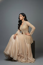 Beige Net Embellished Sequin Cutdana Worked Slit Cut Peplum Top with Lehenga