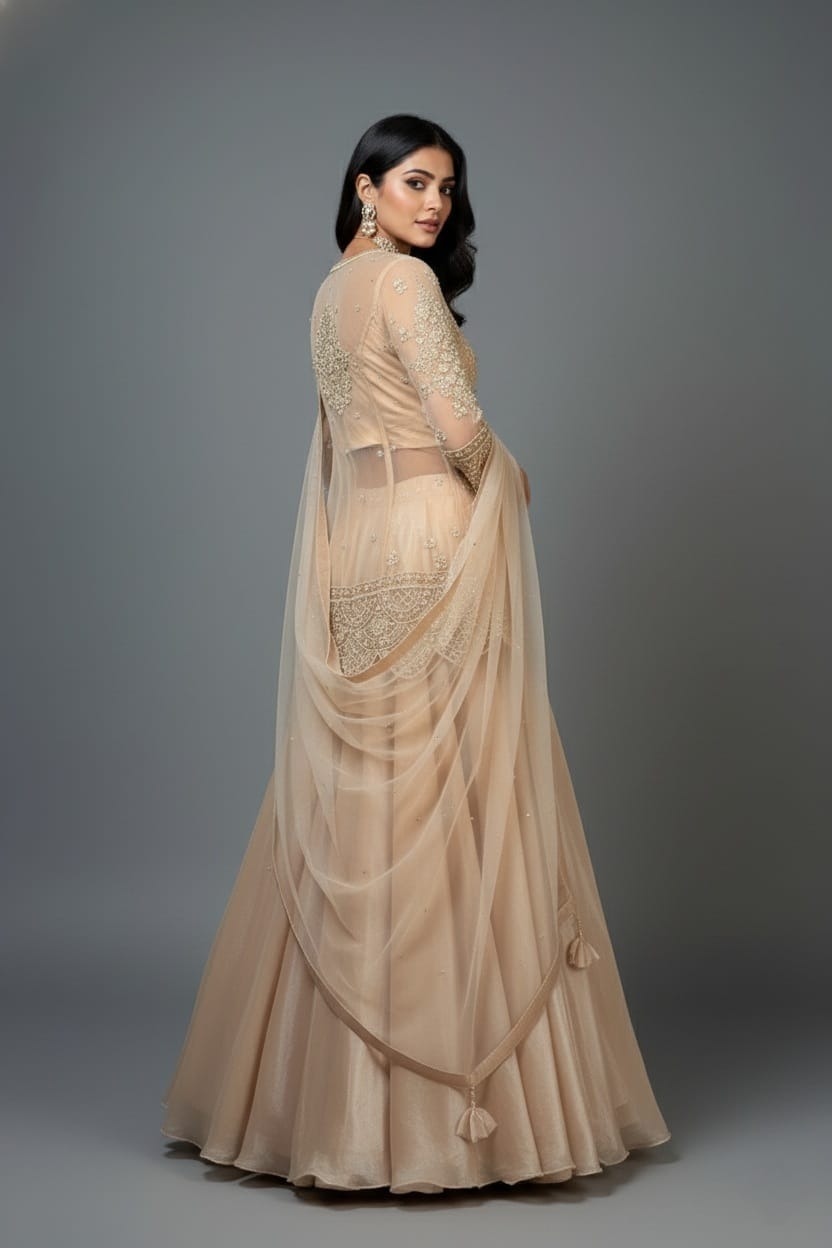 Beige Net Embellished Sequin Cutdana Worked Slit Cut Peplum Top with Lehenga