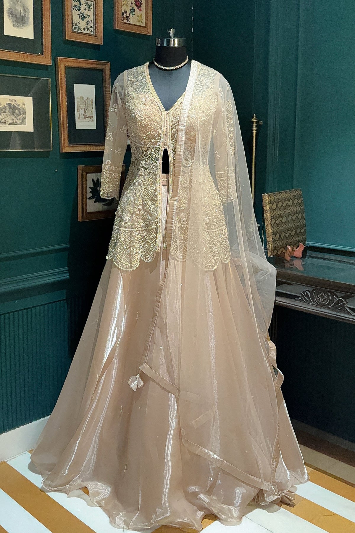 Beige Net Embellished Sequin Cutdana Worked Slit Cut Peplum Top with Lehenga