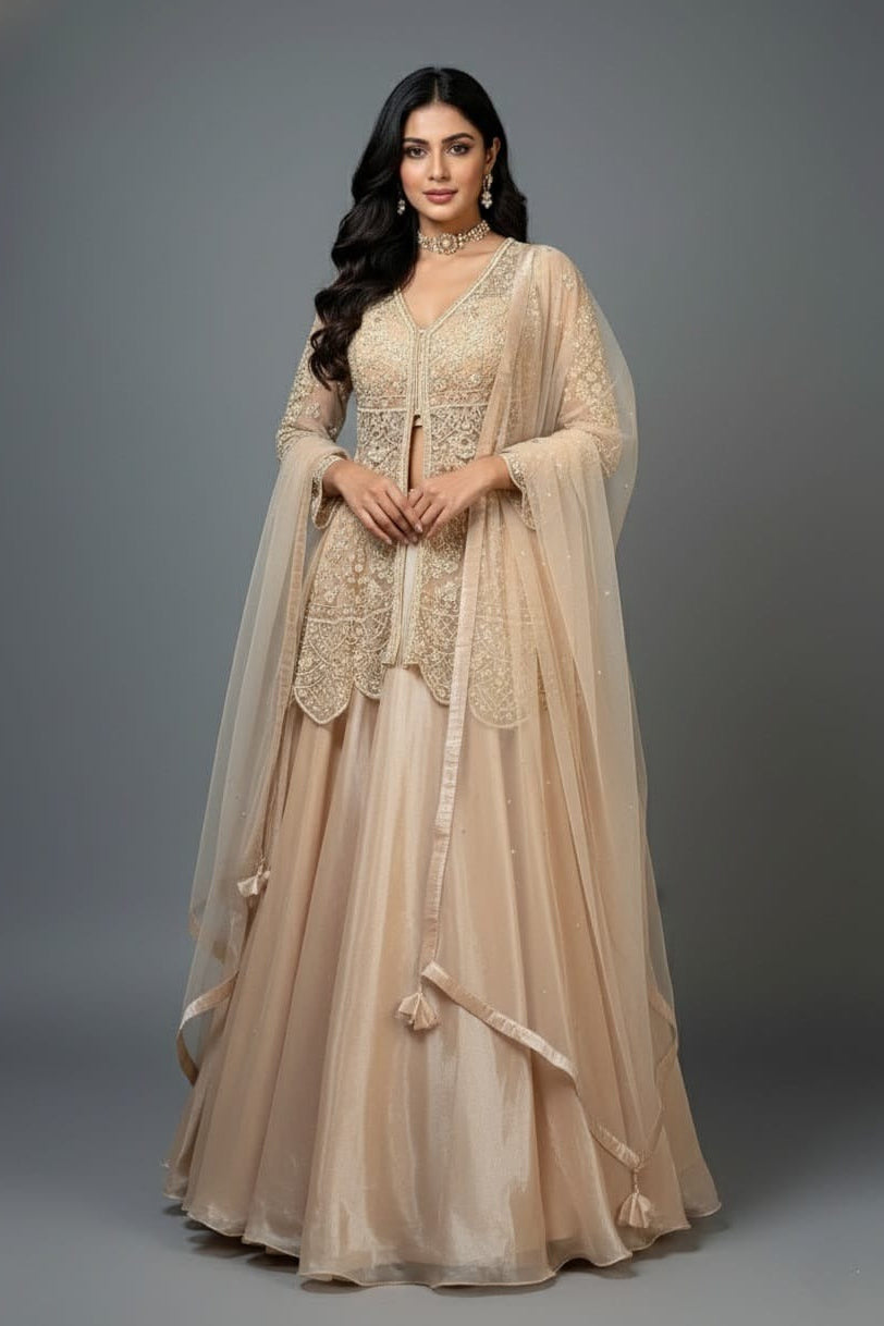 Beige Net Embellished Sequin Cutdana Worked Slit Cut Peplum Top with Lehenga
