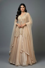 Beige Net Embellished Sequin Cutdana Worked Slit Cut Peplum Top with Lehenga
